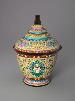 Bencharong (Five-Colored) Ware Jar with Tiered Cover, 18th / 19th century. Creator: Unknown