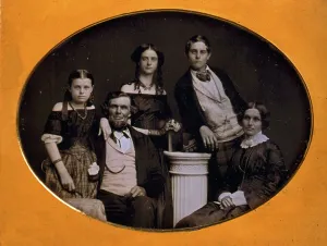 Benjamin family group portrait, posed around a column, between 1845 and 1858. Creator: Edward Tompkins Whitney
