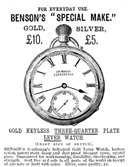 Gold Watch Prints: Benson's 'Special Make' Gold Keyless Three-Quarter Plate Lever Watch, 1883