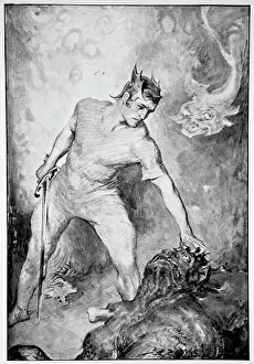 Monster Collection: Beowulf shears off the head of Grendel, 1910. Artist: John Henry Frederick Bacon