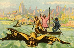 Attempt Prints: Berblingers attempt to fly across the Danube, 1811, (1932). Creator: Unknown