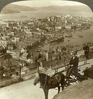 Underwood Travel Library Gallery: Bergen, west from the Floifjeld, over the harbor (right) and Puddefjord (distant)