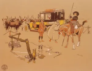 Luggage Prints: A Berliet car stuck in the middle of cattle, 1906