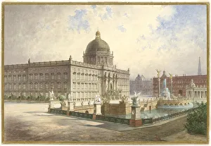 Watercolour And Ink On Cardboard Prints: The Berliner Stadtschloss. View of the palace facade from the palace bridge