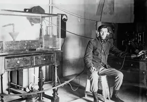 Headphones Prints: Bermocchi & his wireless iconograph, between c1910 and c1915. Creator: Bain News Service