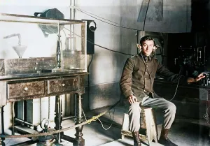 Headphones Prints: Bermocchi & his wireless iconograph, between c1910 and c1915. Creator: Bain News Service