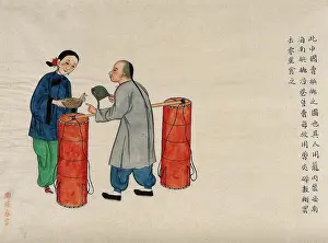 Street Vendor Prints: A betel (areca) nut seller, being paid by a woman customer, 1890. Creator: Pei Qun Zhou