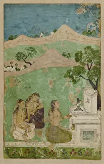 Mogul Collection: Bhairavi Ragini (a musical mode): three figures before a shrine, ca. 1725