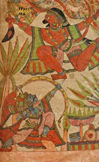 Bharata Shoots at Hanuman as He Flies Over with the Medicinal Herbs (recto)... c1850. Creator: Unknown