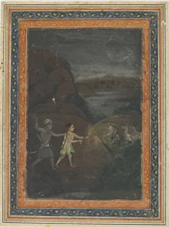 Antelopes Prints: Bhils hunting deer at night, 18th century. Creator: Unknown