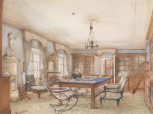 Country Estate Prints: Biedermeier interior with a man sitting at a table, 1846
