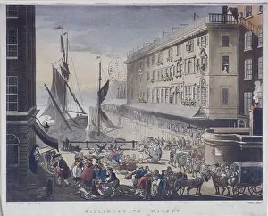 Augustus Charles Prints: Billingsgate Market and Wharf, London, 1808. Artist: J Bluck