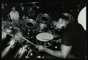 Drum Prints: Billy Cobham conducting a drum clinic at the Horseshoe Hotel, London, 1980. Artist