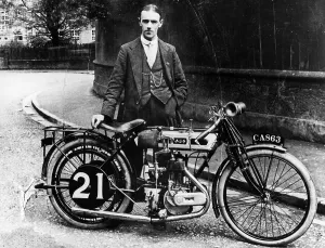 Billy Prints: Billy Jones with an AJS motorbike, 1914