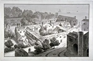 George Shepherd Prints: Bird s-eye view of the Bishop of Winchesters palace, Southwark, London, c1820