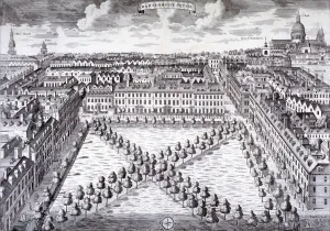 Bird s-eye view of Charterhouse Square, Finsbury, London, c1750. Artist: Sutton Nicholls