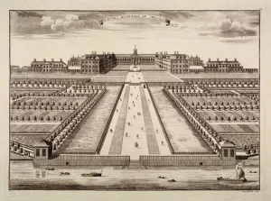 Nicholls Prints: Bird s-eye view of the Royal Hospital, Chelsea, London, c1750. Artist: Sutton Nicholls