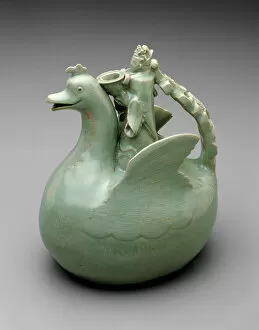 Grey Background Collection: Bird Shaped Ewer with Crowned Rider Holding a Bowl, Korea, Goryeo dynasty (918-1392)