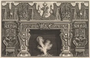 Bird in shell at the center of the lintel, with a frieze of trophies, surmounted by an Bird in shell at the center of the lintel, with a frieze of trophies, surmounted by an