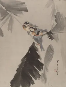 Album Leaf Gallery: Three Birds on Branch, ca. 1887. Creator: Watanabe Seitei