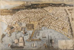 Naples Prints: Bird's-eye panoramic view of the Port of Naples with the Castel Sant'Elmo
