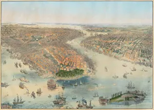 Manhattan Prints: Bird's-eye view of New York City from the West