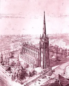 Trinity Church Prints: Birds Eye View of Trinity Church, New York, 1847. Creator: John Forsyth