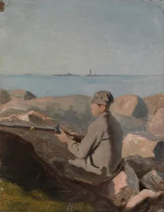 Uotila Aukusti Prints: Birdwatcher on the beach, exercise, 1882. Creator: Aukusti Uotila