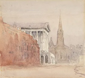 Cox David Prints: Birmingham Town Hall and Christ Church, c1840s. Creator: David Cox the Elder