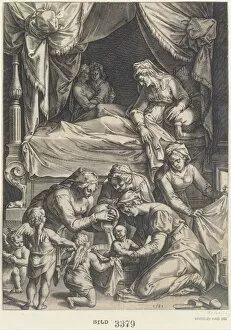 Putti Collection: Birth of the Virgin (copy), 1581. Creator: Julius Goltzius