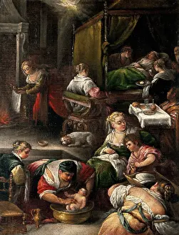 Birth Prints: The birth of the Virgin. Creator: Bassano, Francesco da Ponte, 1549-1592 (Follower of)