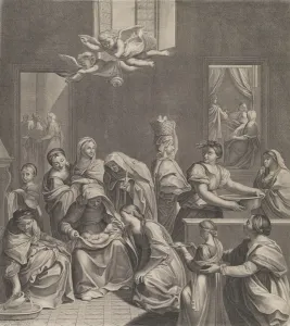 Picart Collection: The birth of the Virgin; woman seated with an infant in her lap