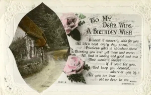 Birthday Card Prints: Birthday postcard from a husband to his wife, c1918