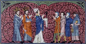 Beggar Prints: A Bishop and clergy greeting beggars and pilgrims, c1325-c1350. Creator: Unknown