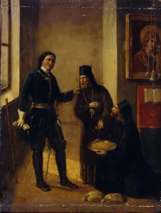 Terebenev Prints: Bishop Mitrophan of Voronezh donating to Peter I for the Azov fleet construction on 1696