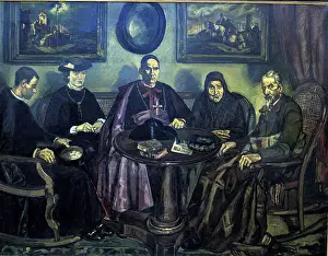 Elderly Woman Prints: The Bishop's visit, 1926. Creator: Jose Gutierrez Solana