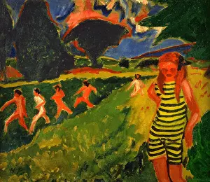 Stripe Prints: The black-and-yellow striped bathing suit, 1909. Creator: Max Pechstein