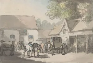 Stables Prints: Black Dog Inn Yard At Belfont, 1785-87. 1785-87. Creator: Thomas Rowlandson