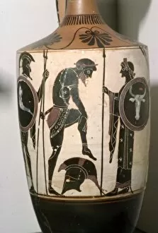 Vase Painting Gallery: Black figured Lekytkos (oil-bottle), Warrior Arming, Athens, c490BC Artist: Edinburgh Painter