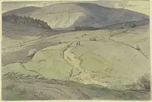 Black Forest landscape, view over rolling meadows to higher mountains, c1860-1900. Creator: Hans Thoma