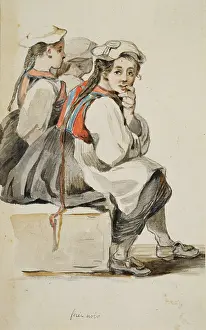 Locals Prints: Three Black Forest peasant girls sitting side by side
