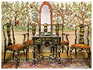 Images Dated 27th February 2009: Black lacquer settee, chairs and table and red lacquer mirror, 1910.Artist: Edwin Foley