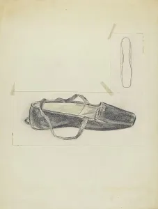 Slippers Prints: Black Leather Slipper, c. 1940. Creator: Melita Hofmann