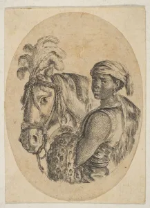 Bridle Prints: Black slave carries a leopard pelt and holds the bridle of a horse, from Several heads