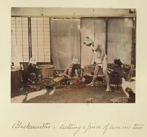 Tongs Prints: Blacksmiths - Cutting a Piece of Iron in Two, about 1873-1883. Creator: Shinichi Suzuki I