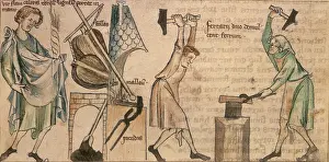 Smithy Prints: Blacksmiths at work, second half of the 14th century. Creator: Unknown