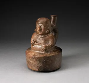 Mochica Prints: Blackware Spouted Vessel with a Seated Female Holding a Pipe or Staff