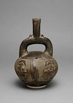 Blackware Stirrup Spout Vessel with a Relief Depicting Warriors with Raised Arms, A.D