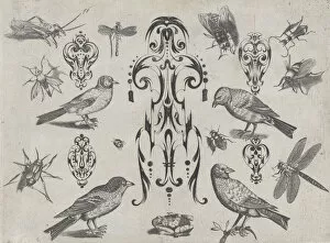 Callot Jacques Collection: Blackwork Designs with Birds and Insects, Plate 2 from a Series of Blackwork Ornamen... after 1622
