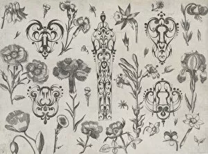 Callot Jacques Collection: Blackwork Designs with Flowers, Plate 6 from a Series of Blackwork Ornaments combine... after 1622
